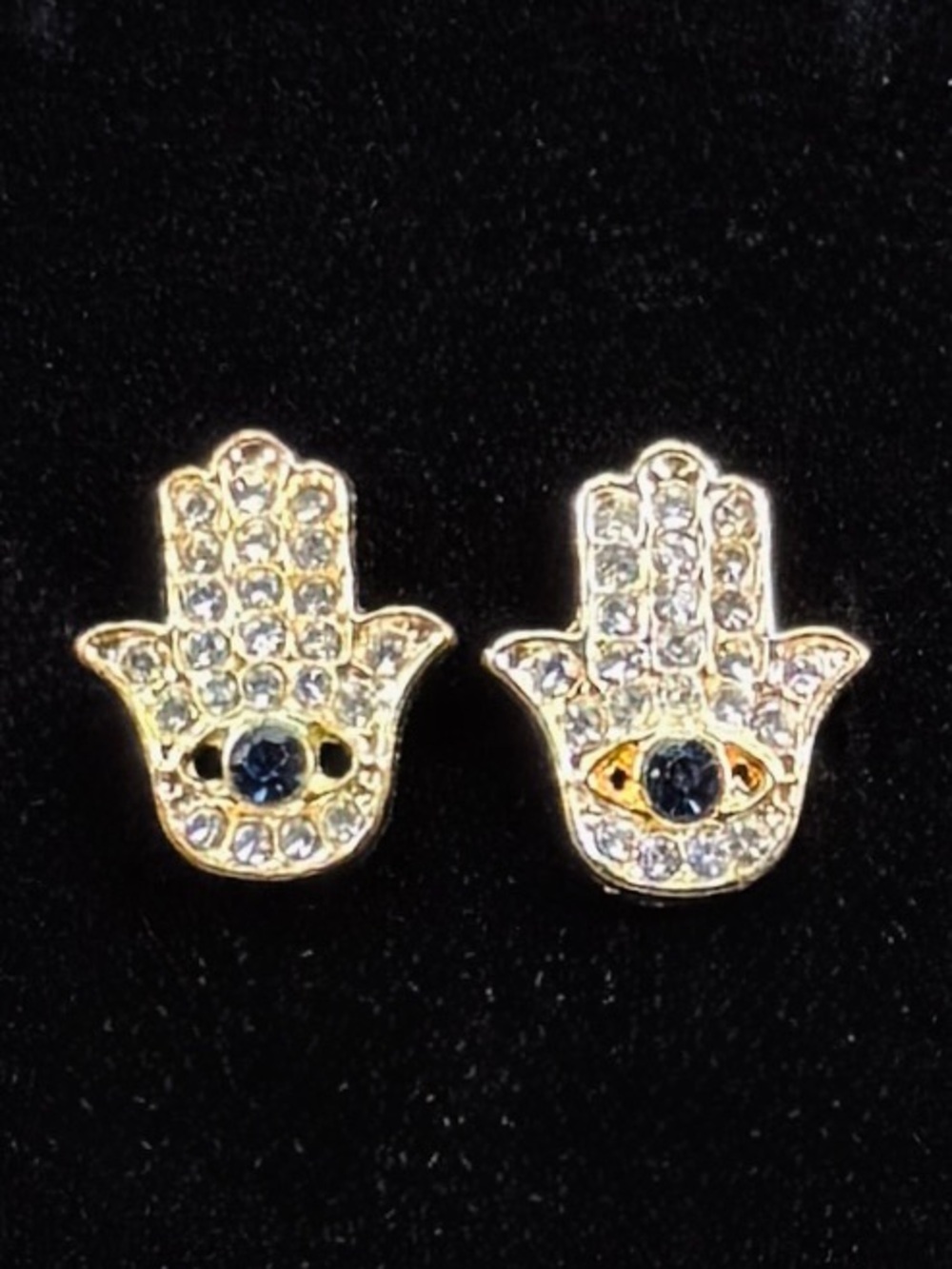 Hamsa Hand Evil Eye Rhinestone Stud Earrings Gold Tone Blue Crystal